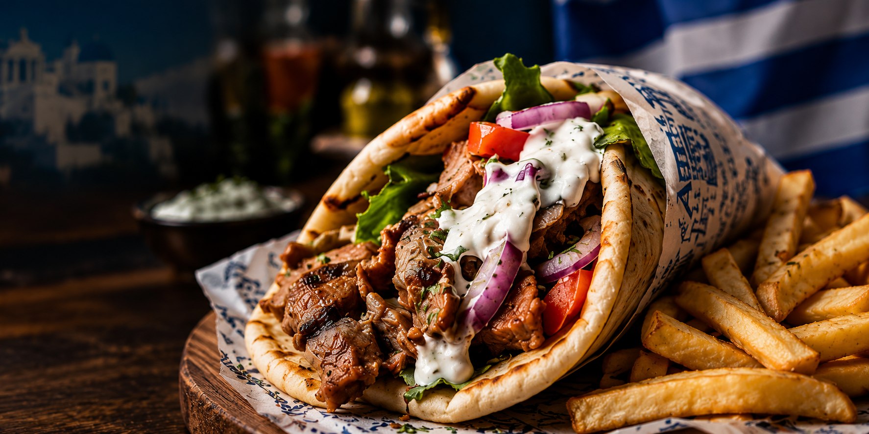 Gyro griego relleno de carne, tzatziki, tomate y cebolla, con papas fritas