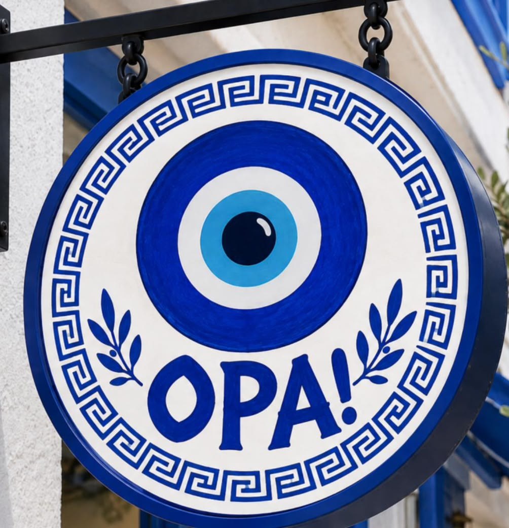 Letrero redondo de OPA! con ojo griego y greca azul sobre fachada blanca